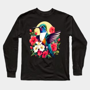 Cute Ruby Throated Hummingbird Surrounded by Spring Flowers Long Sleeve T-Shirt